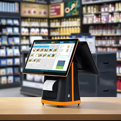 Máquina AIO POS de 15 polegadas com tela sensível ao toque dupla para operações de caixa, perfeita para operações de varejo